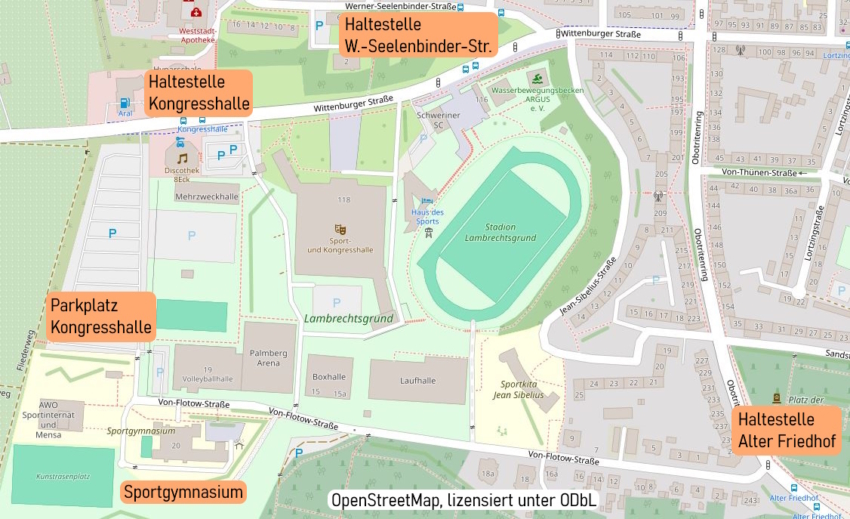 Eine Karte von OpenStreetMap: Die Lage des Sportgymnasiums